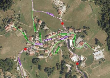 Zračni posnetek Šentjošta, kjer so označene točke, ki pomenijo začetek cone 30